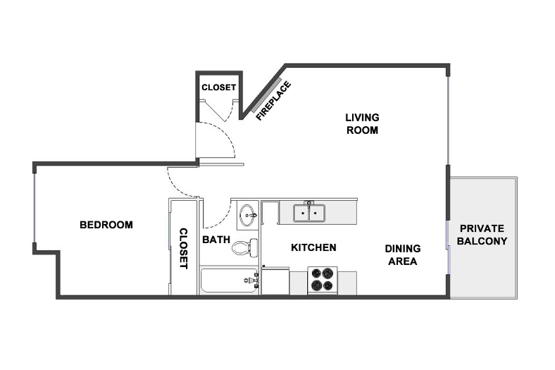 Floor plan for 1 bed, 1 bath, 665 sqft